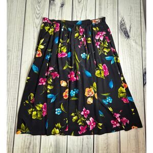 Vintage Silk Skirt Sz 8 Floral Black VTG Bold Colors Cottage Core